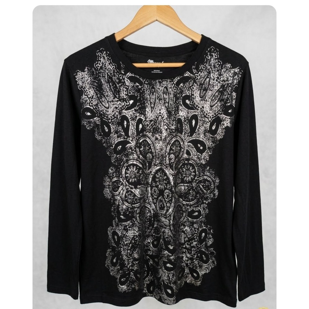 Wrangler Womens‎ Black Silver Metallic Paisley Long Sleeve Graphic Tee Large